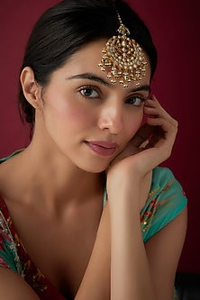 Gold Finish Green Kundan Polki Maangtikka