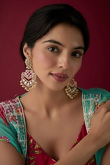 Gold Finish Pink Kundan Polki Chandbali Earrings