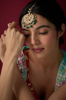 Gold Finish Kundan Polki & Green Beaded Maangtikka