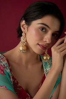 Gold Finish Kundan Polki & Pearl Jhumka Earrings
