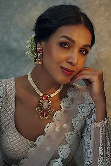 Gold Finish Red Kundan Polki Long Necklace Set
