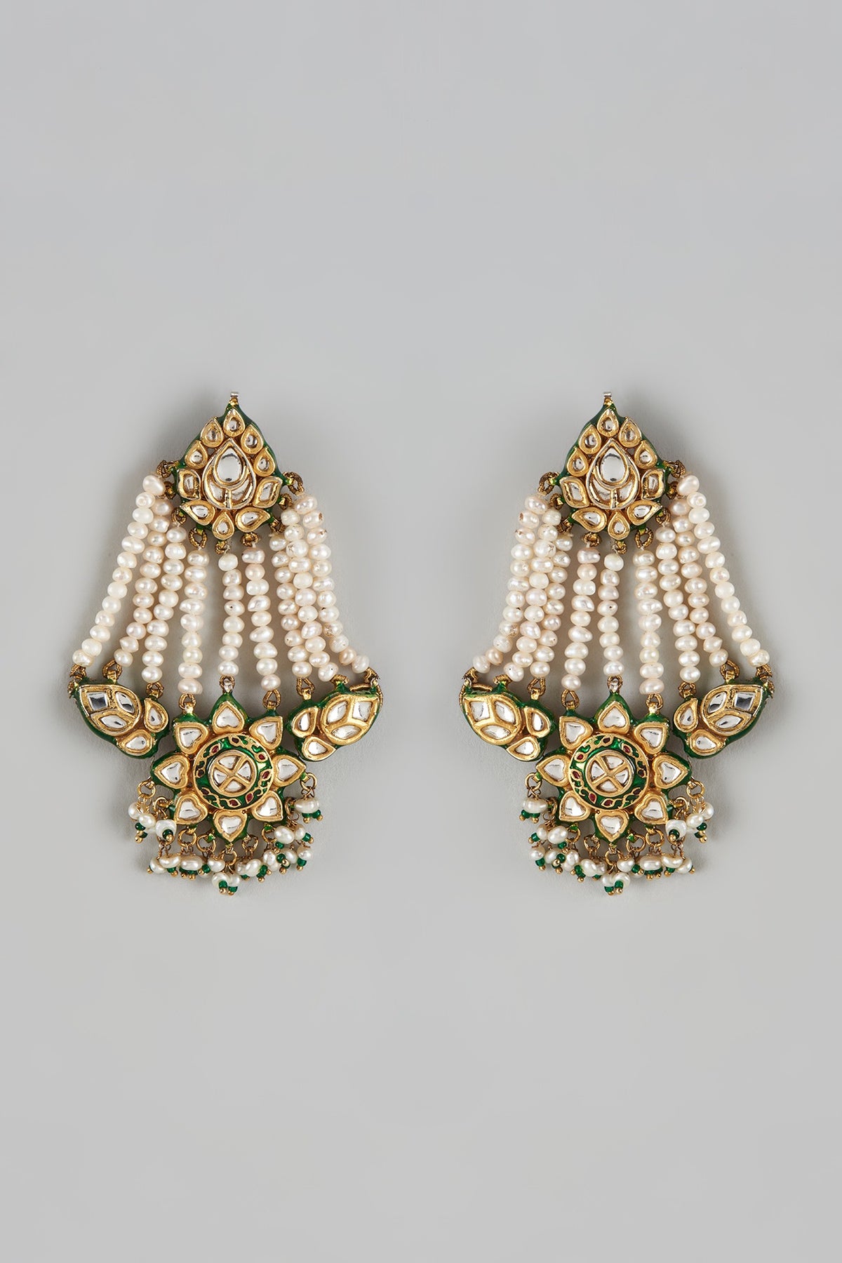Gold Finish Kundan Polki & Pearl Meenakari Dangler Earrings