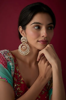 Gold Finish Kundan Polki & Pearl Chandbali Earrings