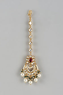 Gold Finish Kundan Polki & Red Onyx Maangtikka