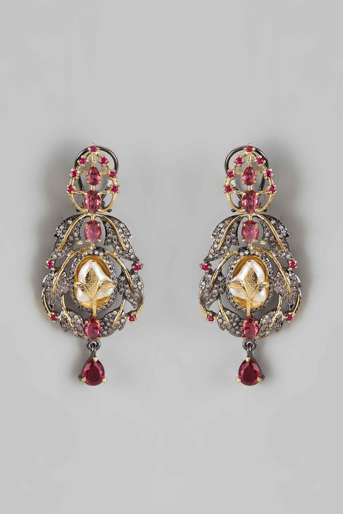 Black Rhodium Finish Kundan Polki & Pink Onyx Dangler Earrings