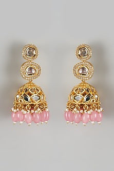 Gold Finish Kundan Polki & Pink Beaded Jhumka Earrings