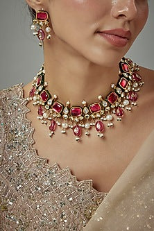 Gold Finish Kundan Polki & Red Stone Choker Necklace Set