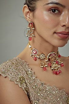 Gold Finish Kundan Polki & Red Stone Beaded Choker Necklace Set