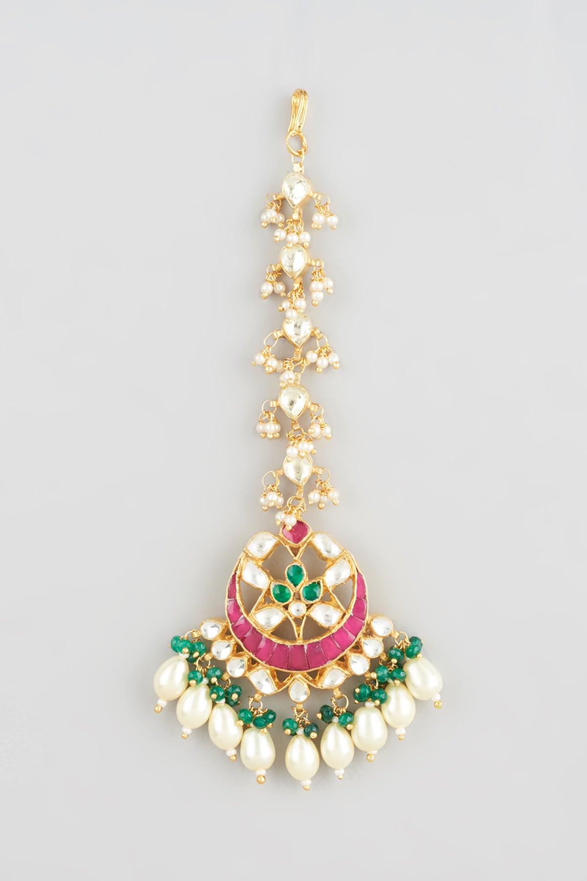 Gold Finish Ruby Stone & Pearl Drop Maangtikka