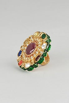 Gold Finish Kundan Polki & Navratna Stone Ring
