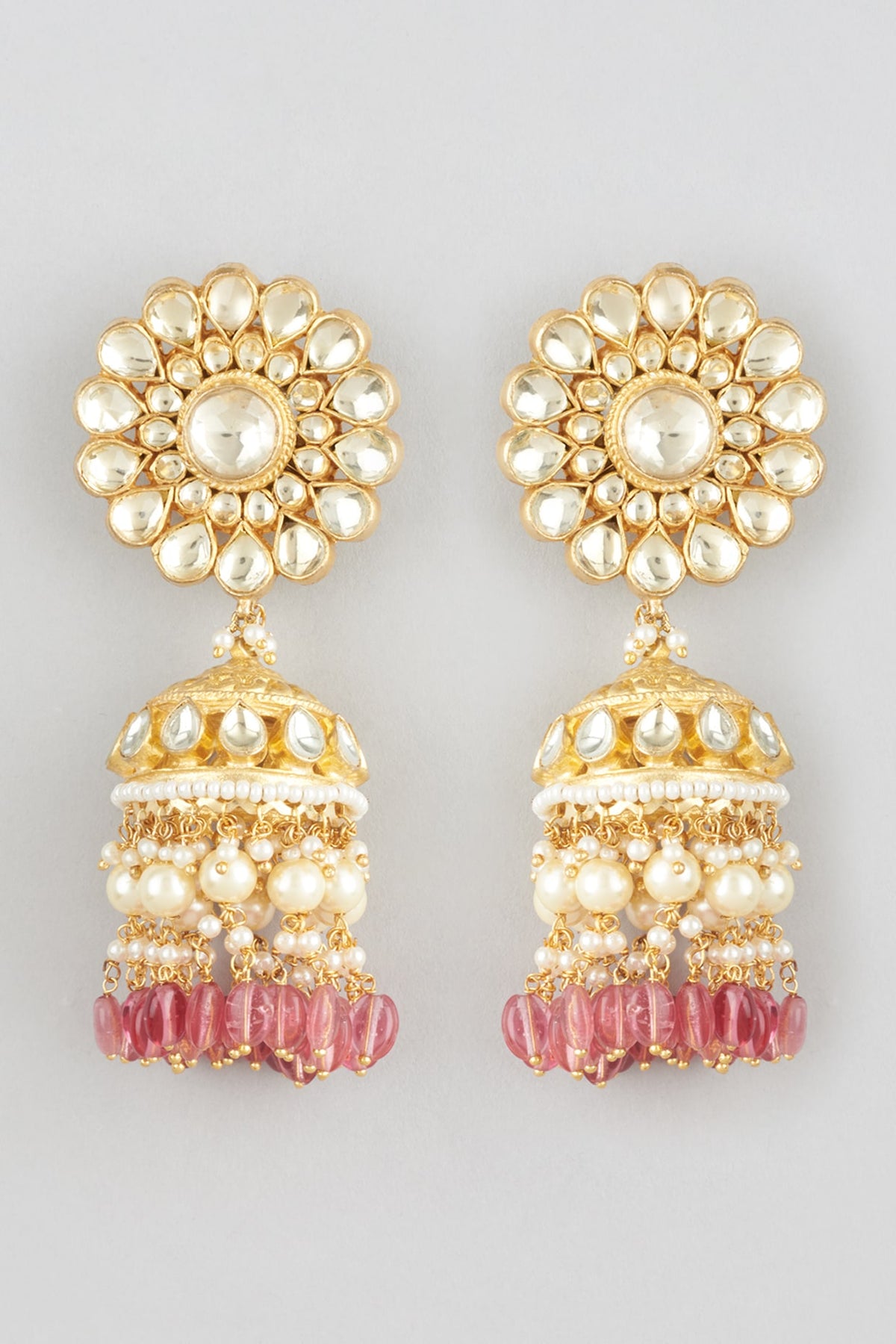 Gold Finish Kundan Polki & Pink Drop Jhumka Earrings