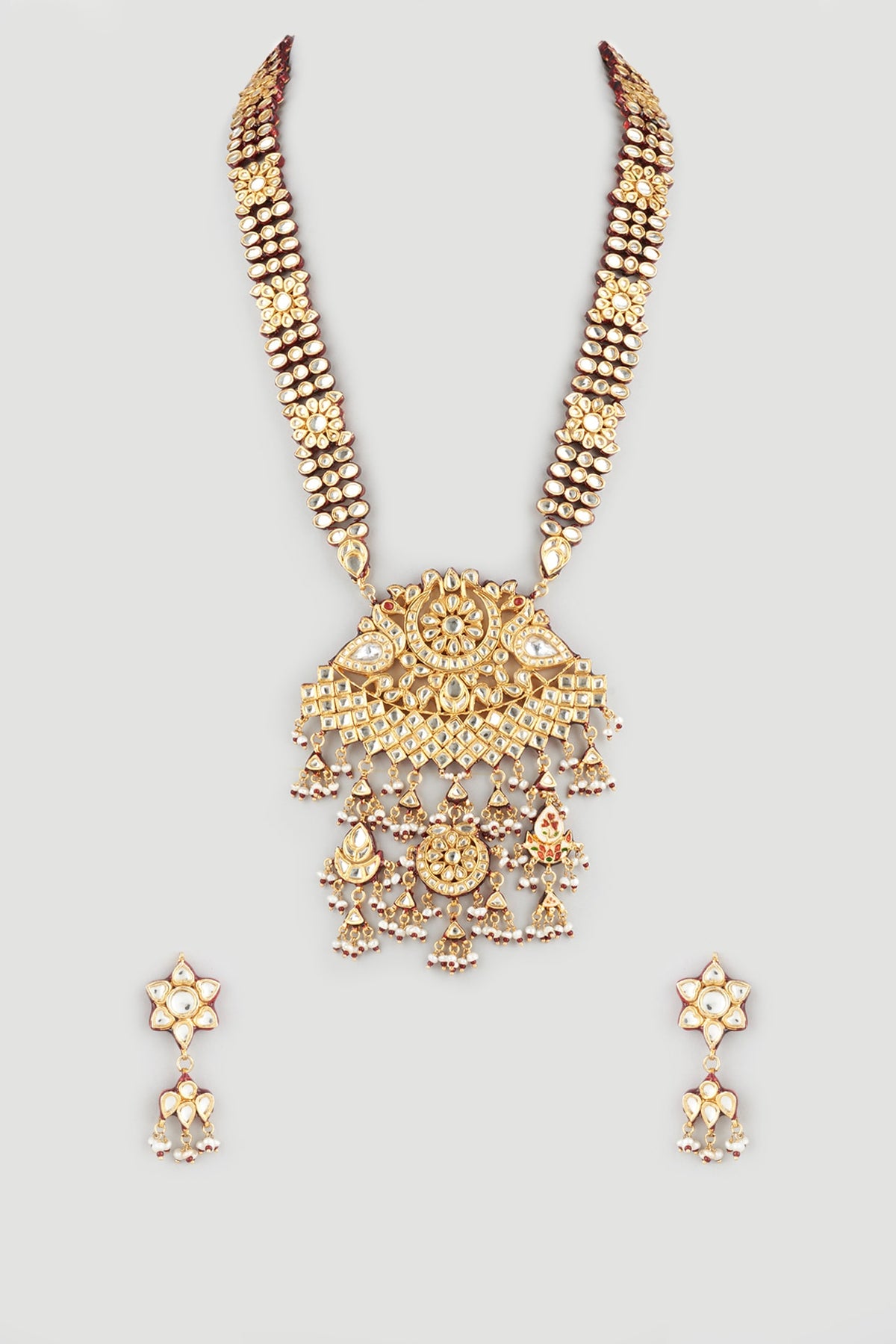 Gold Finish Kundan Polki Long Necklace Set