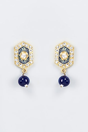 Gold Finish Kundan Polki & Blue Beaded Earrings