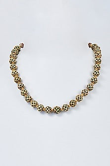 Gold Finish Kundan Polki & Green Beaded Handcrafted Mala