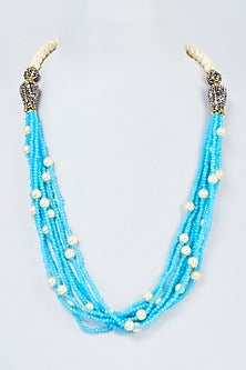 Gold Finish Pearl & Blue Crystal Beaded Mala