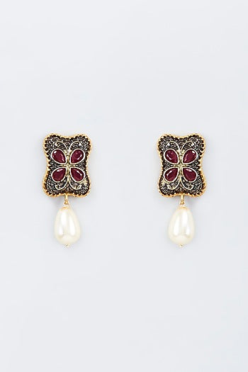Gold Finish Pearl & Red Kundan Polki Dangler Earrings