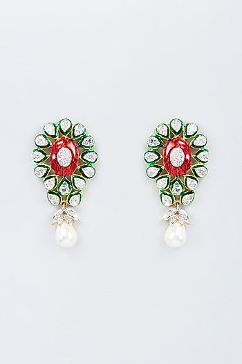 Gold Finish Kundan Polki & Pearl Dangler Earrings