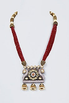 Gold Finish Kundan Polki & Red Synthetic Stone Mala Necklace Set