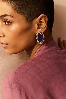 Gold Plated Dark Blue Enameled Stud Earrings