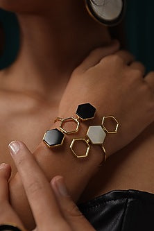 Gold Finish Mother Of Pearl & Black Onyx Cuff Bracelet