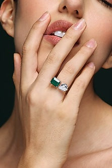 White Finish Pear-Shaped Zircon & Octagon Green Onyx Handcrafted Ring