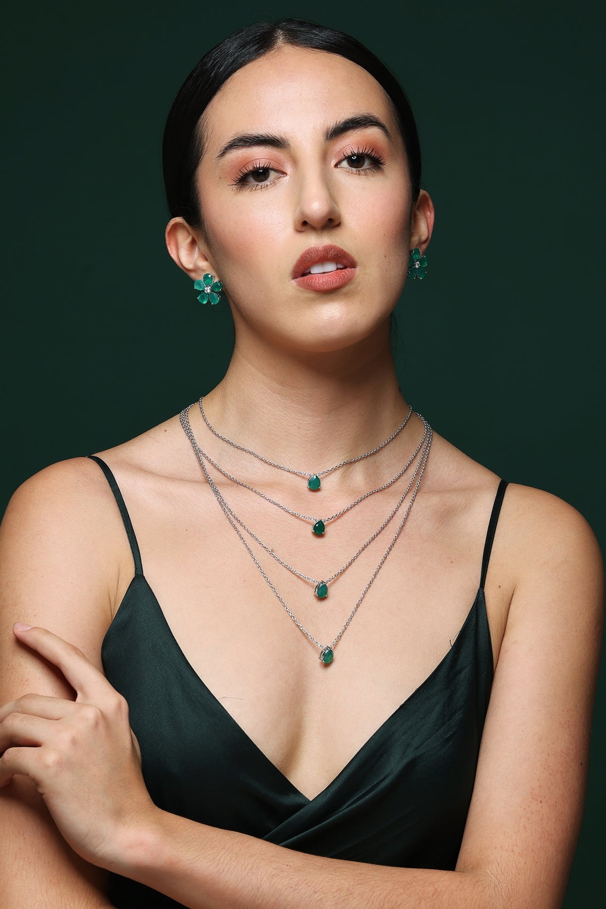 White Finish Pear-Shaped Zircon & Emerald Stone Handcrafted Layered Necklace