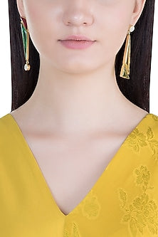 Gold Plated Handmade Pink Quartz & Emerald Geometric Earrings