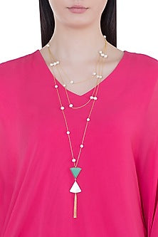 Gold Plated Handmade White, Green Onyx & White MOP Long Necklace