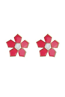 Gold Finish Mother Of Pearl & Enameled Stud Earrings