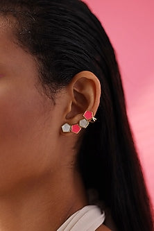 Gold Finish Mother Of Pearl & Enameled Earrings
