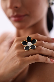 Gold Finish Enameled Floral Ring