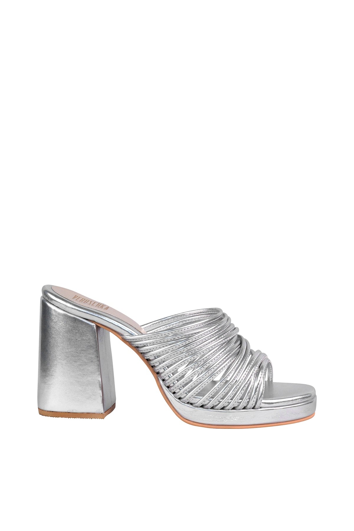Silver String Sandals With Block Heels