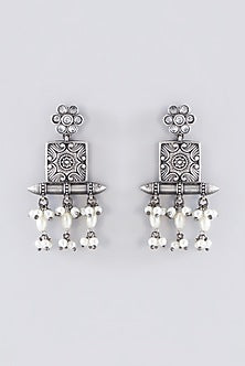Oxidised Silver Finish Kundan Polki & Mirror Long Necklace Set