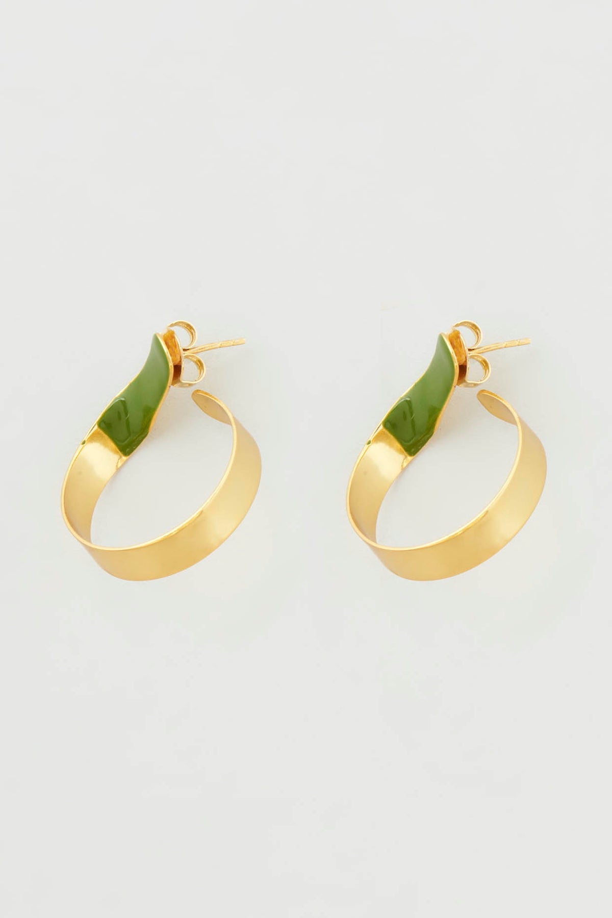 Gold Micro Plated Enameled Earrings With Green Enamel