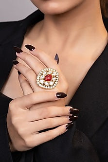 Gold Finish Red Moissanite & Beaded Ring