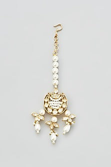 Gold Finish Kundan Polki & Pearl Sheeshpatti With Maangtikka