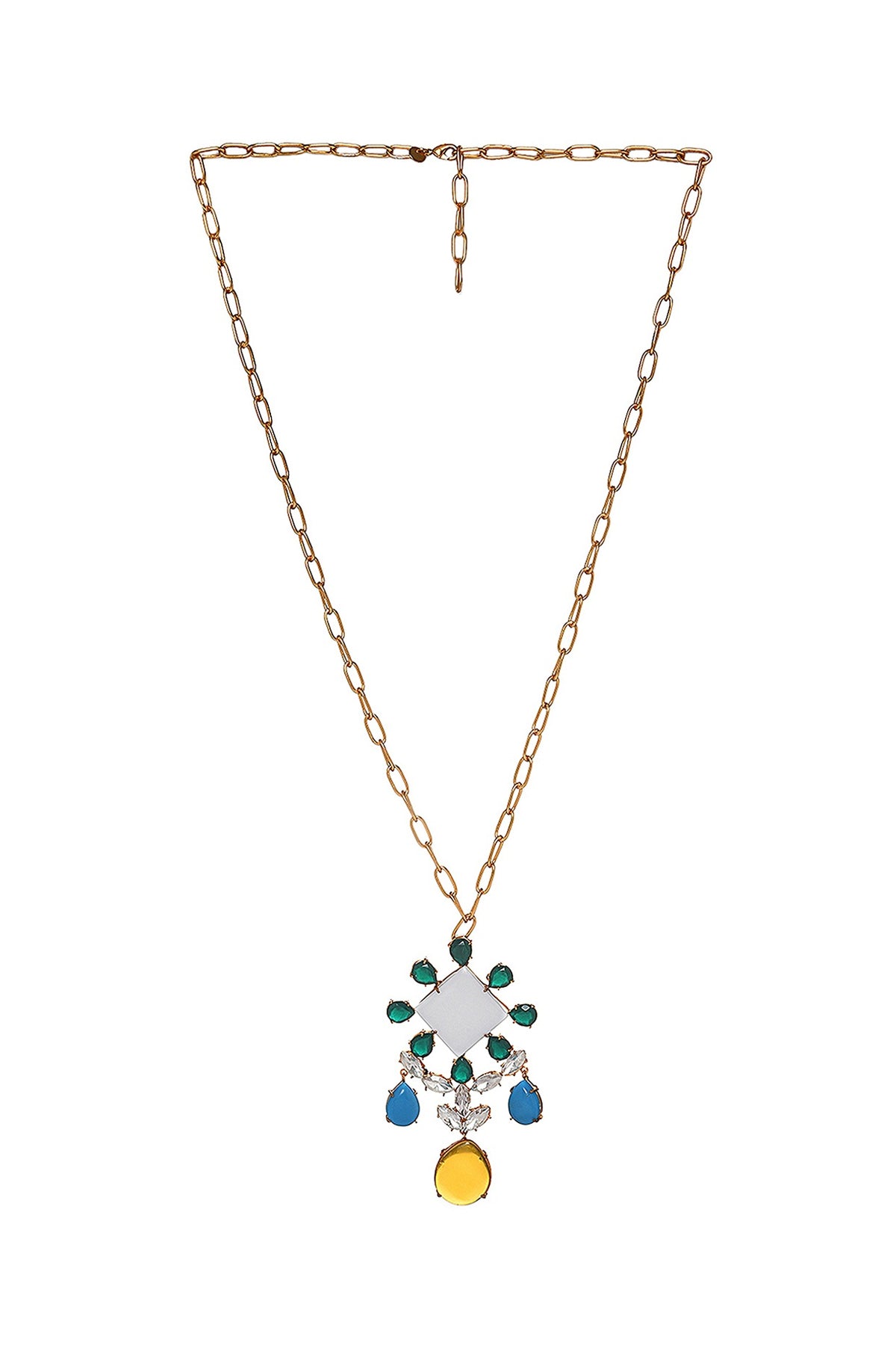 Gold Finish Square Shape Semi Precious Gemstone Pendant Necklace