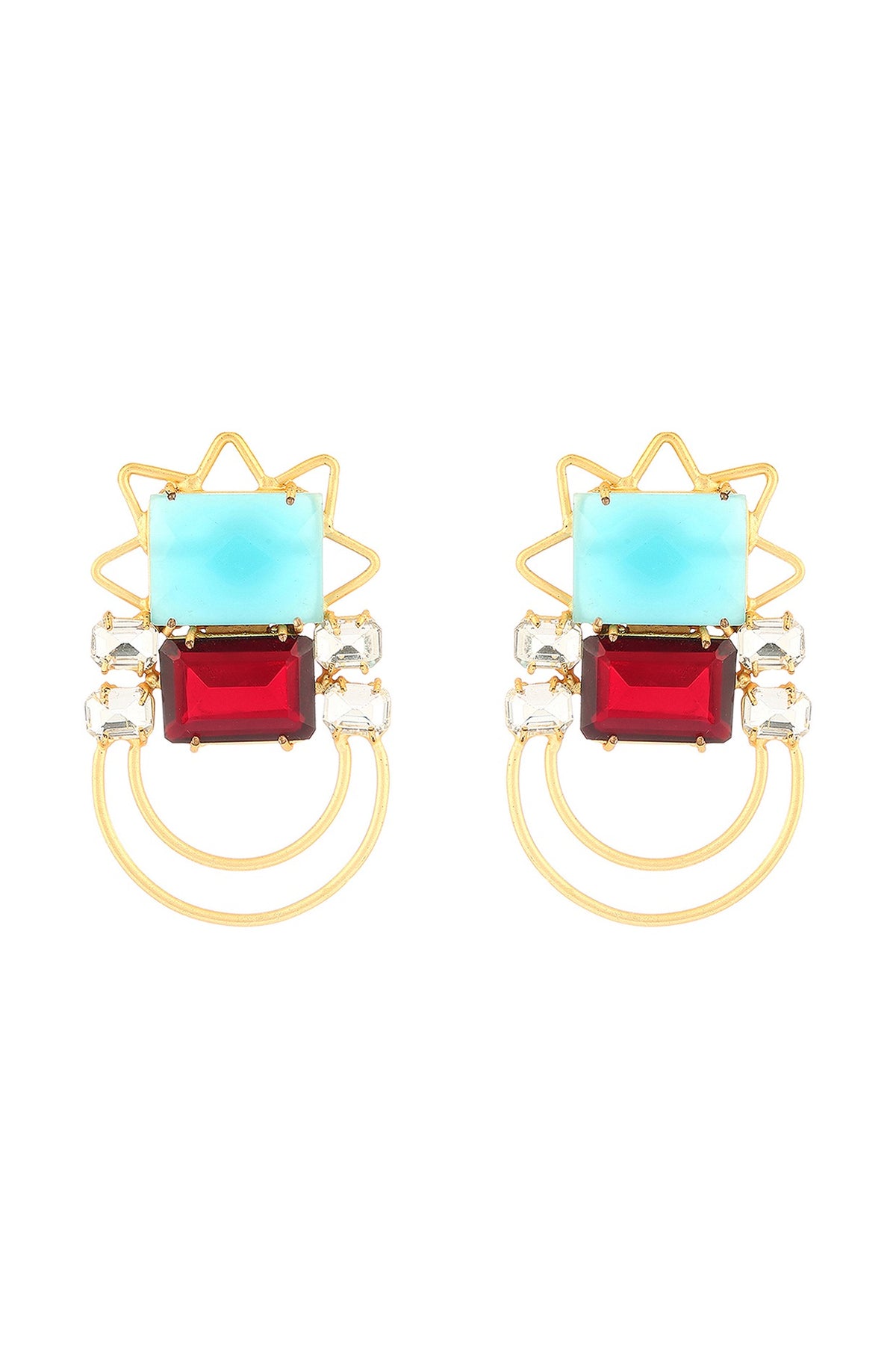 Gold Finish Blue Chalcedony & Crystal Dangler Earrings