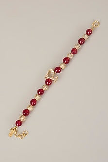 Gold Finish Kundan Polki & Red Pearl Bracelet