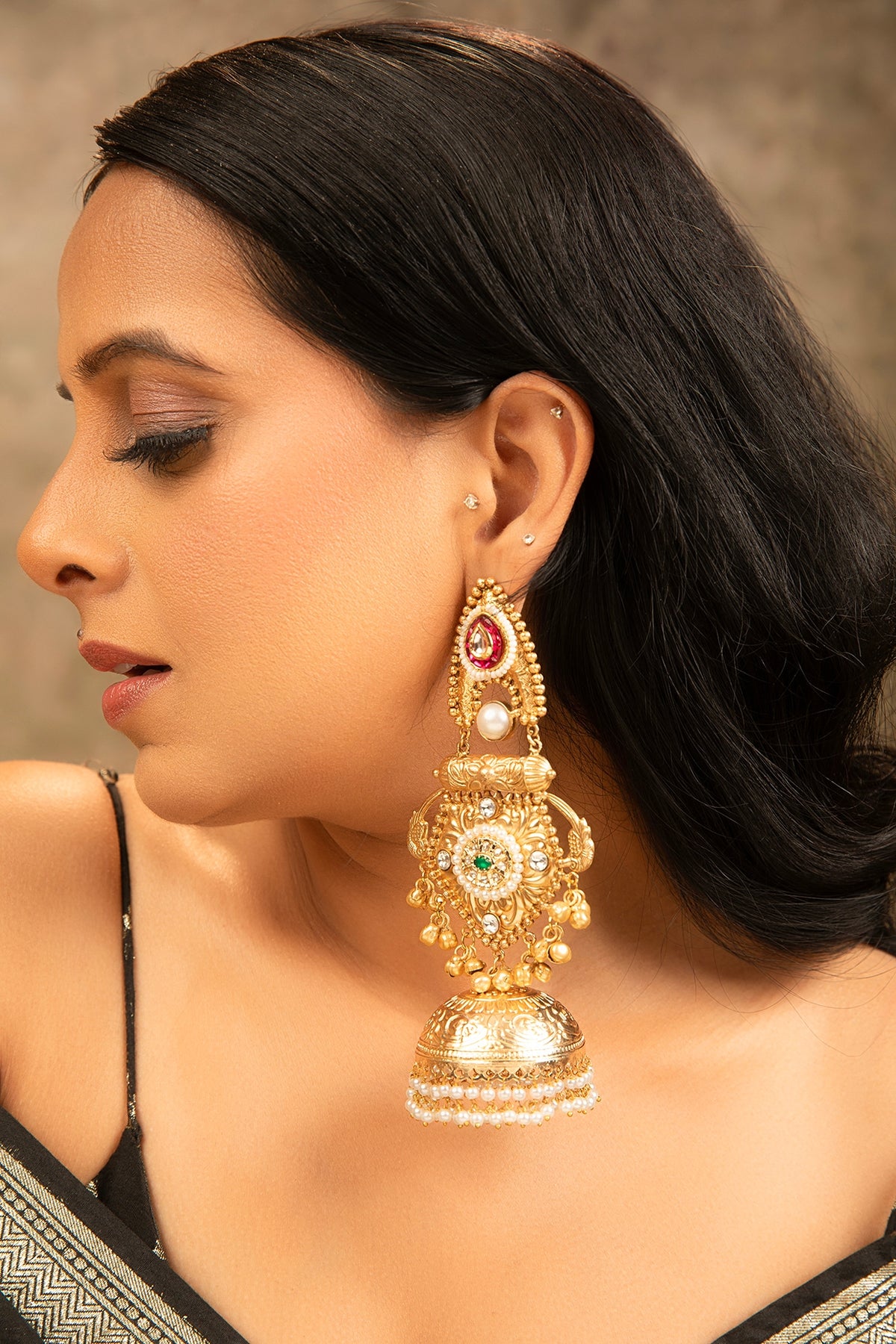 Gold Finish Pearl Jhumka Earrings