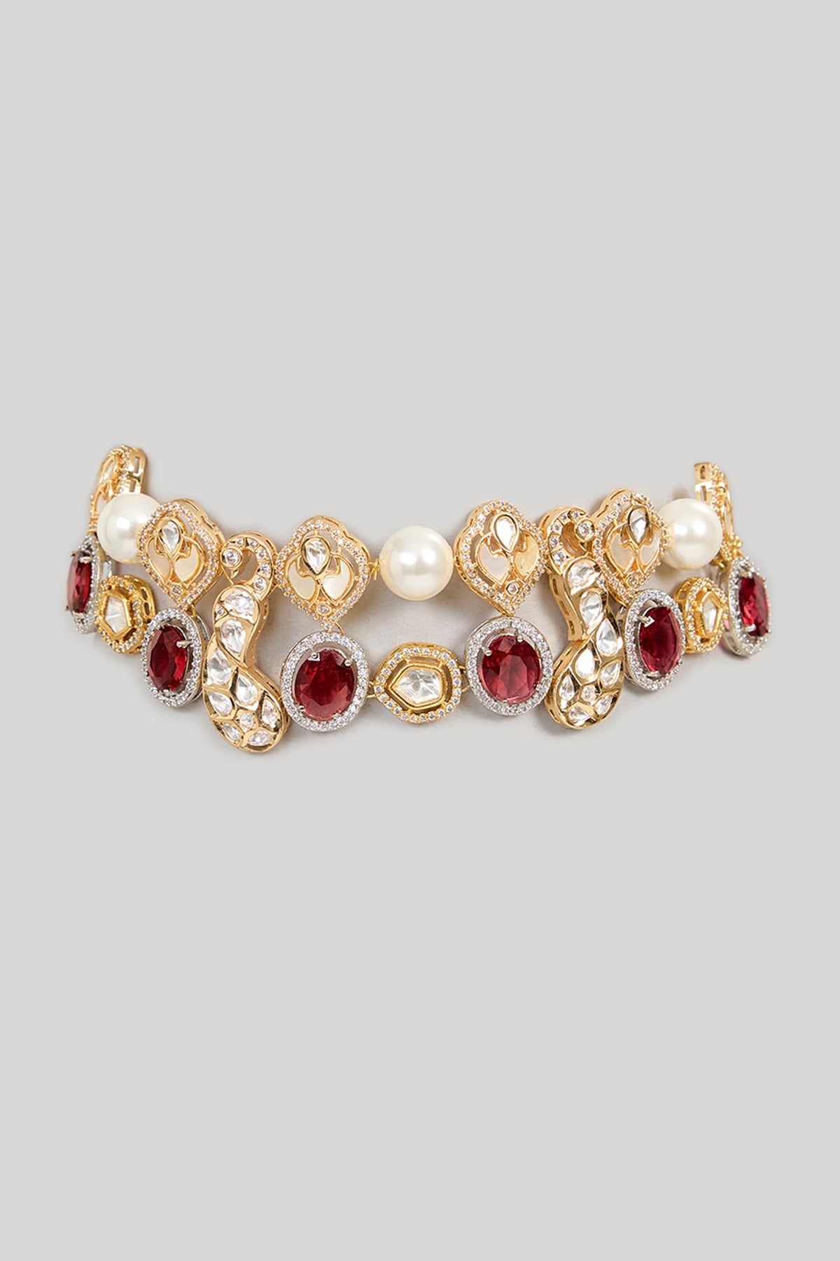 Gold Finish Kundan Polki & Red Beaded Choker Necklace