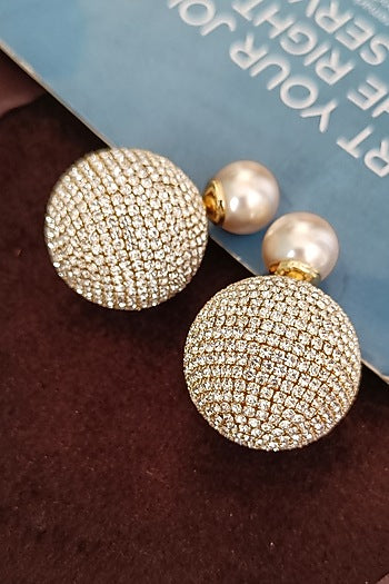 Gold Finish Zirconia & Pearl Dual Stud Earrings