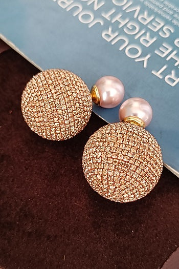 Gold Finish Zirconia & Pearl Dual Stud Earrings
