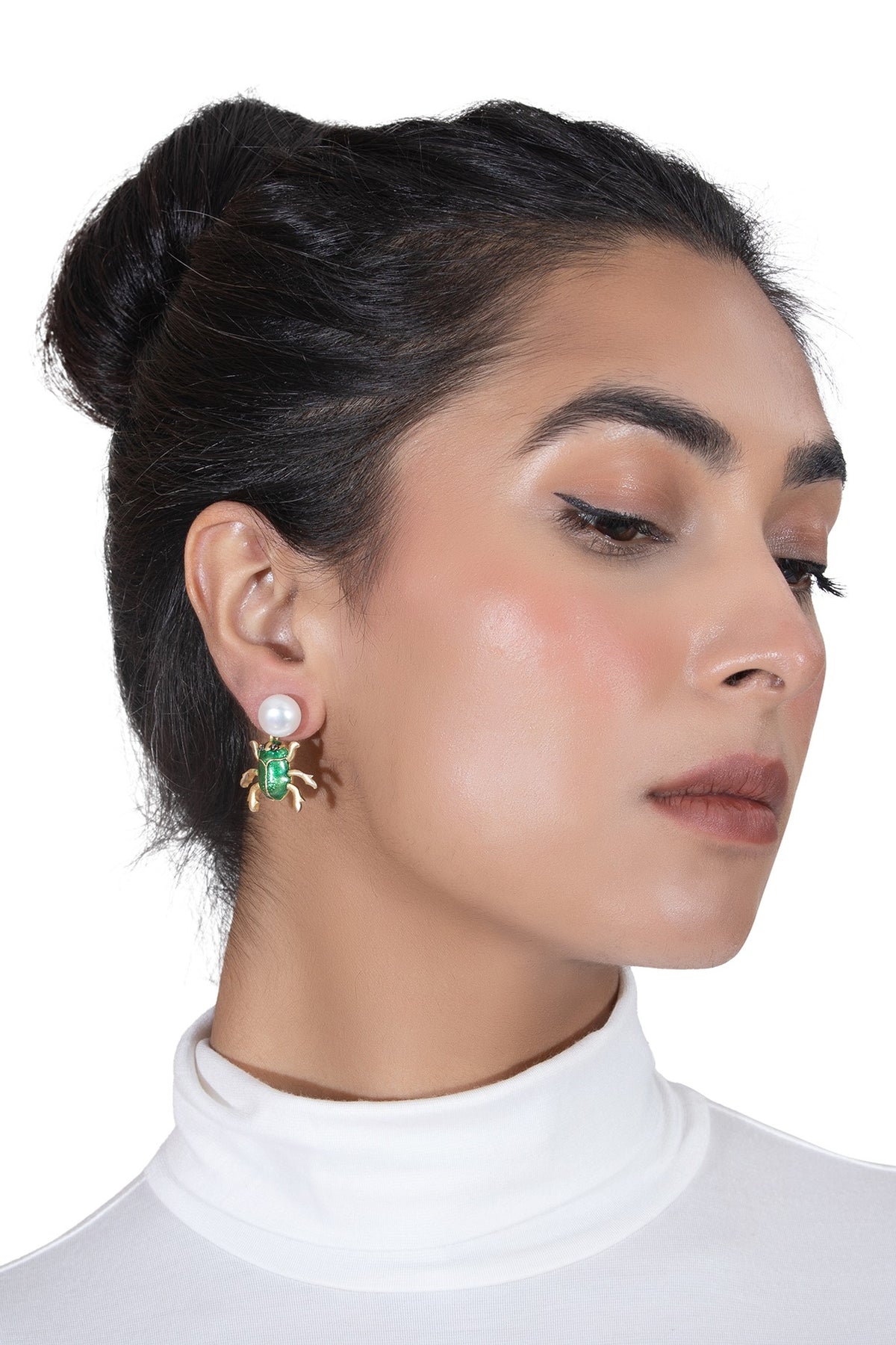 Gold Plated Pearl Enamelled Dangler Earrings