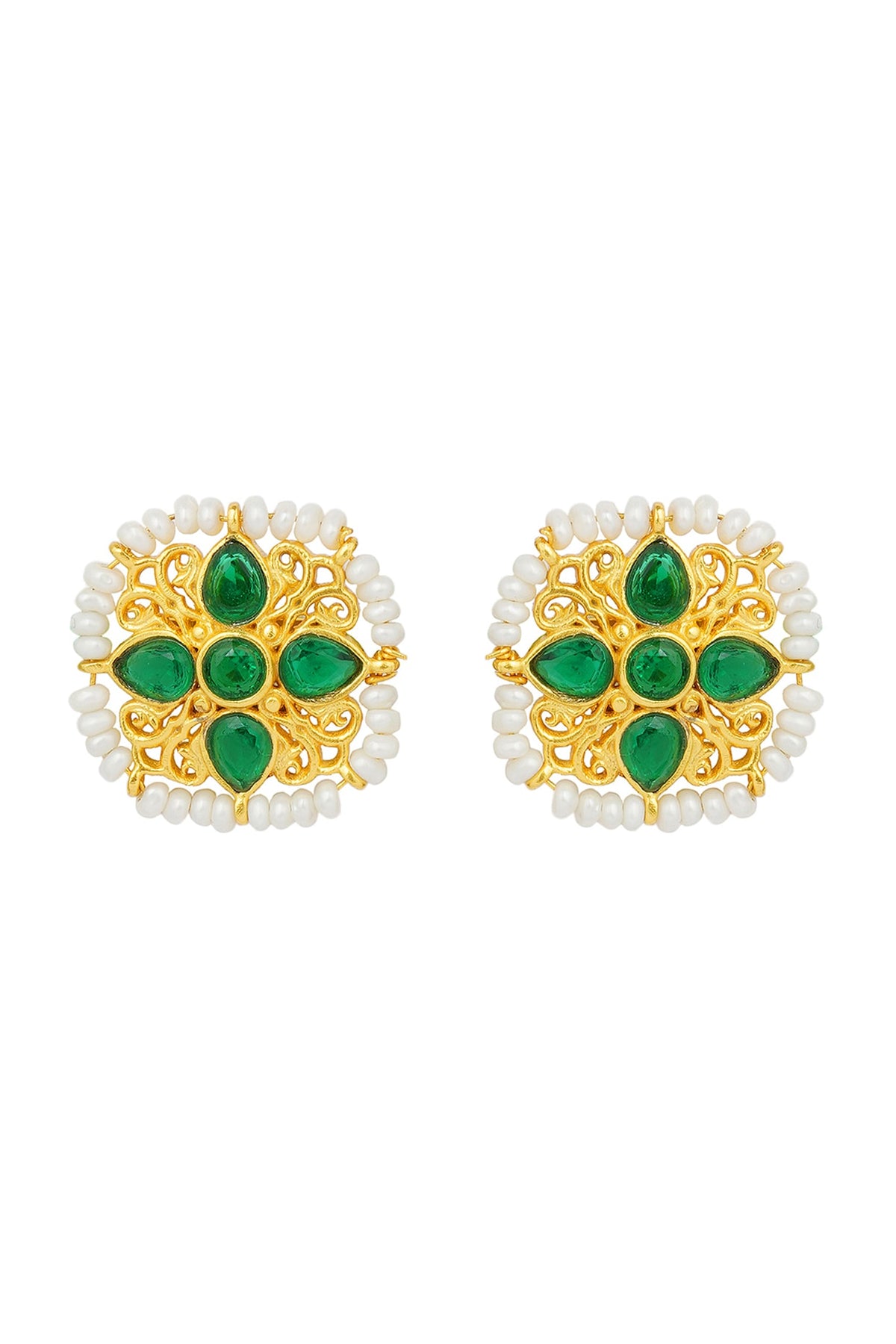 Gold Plated Green Cz & Pearl Beaded Stud Earrings