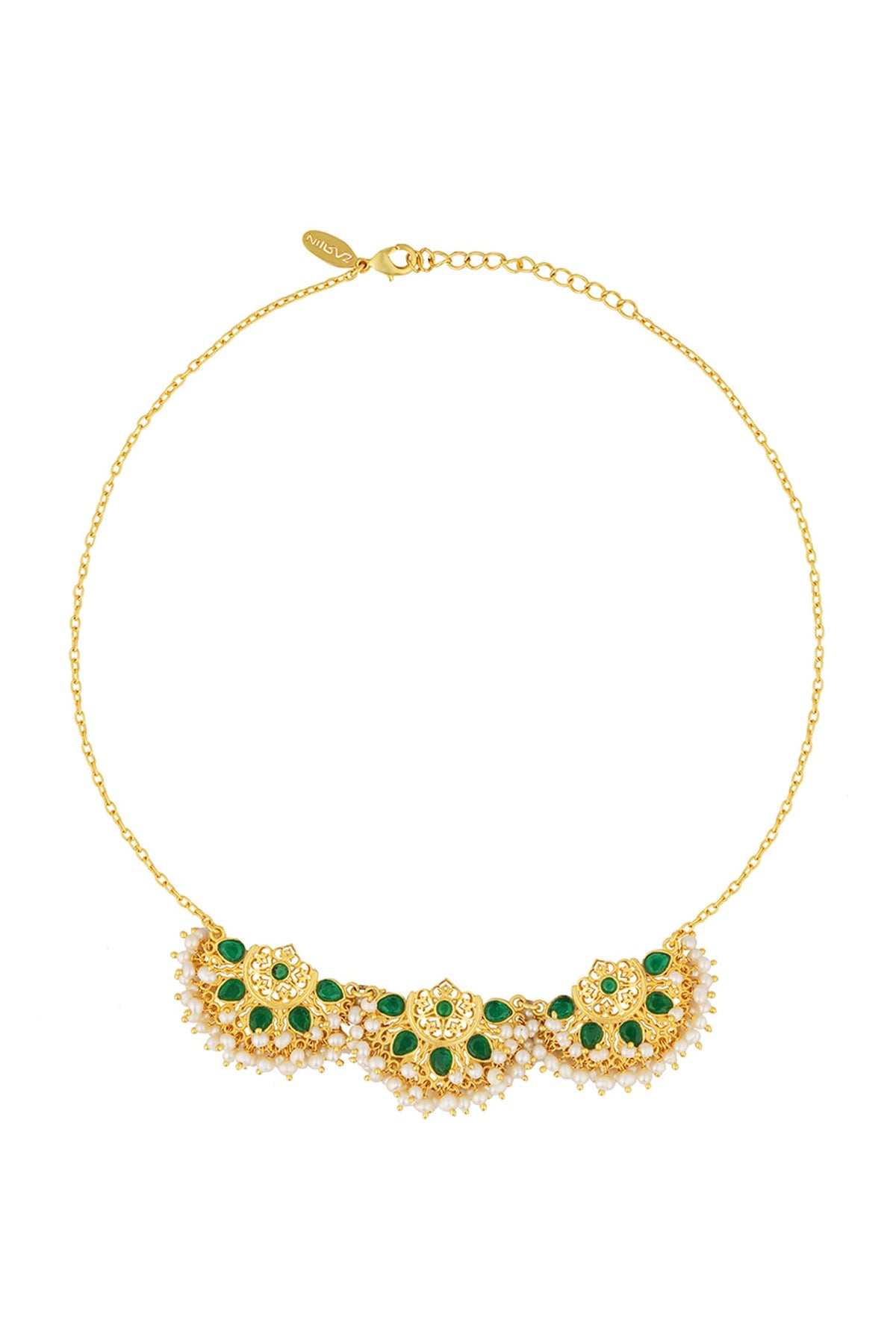 Gold Plated Green Cz & Pearl Beaded Necklace