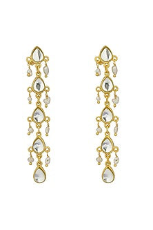 Gold Plated Mirror Polki & Freshwater Pearl Drops Long Earrings