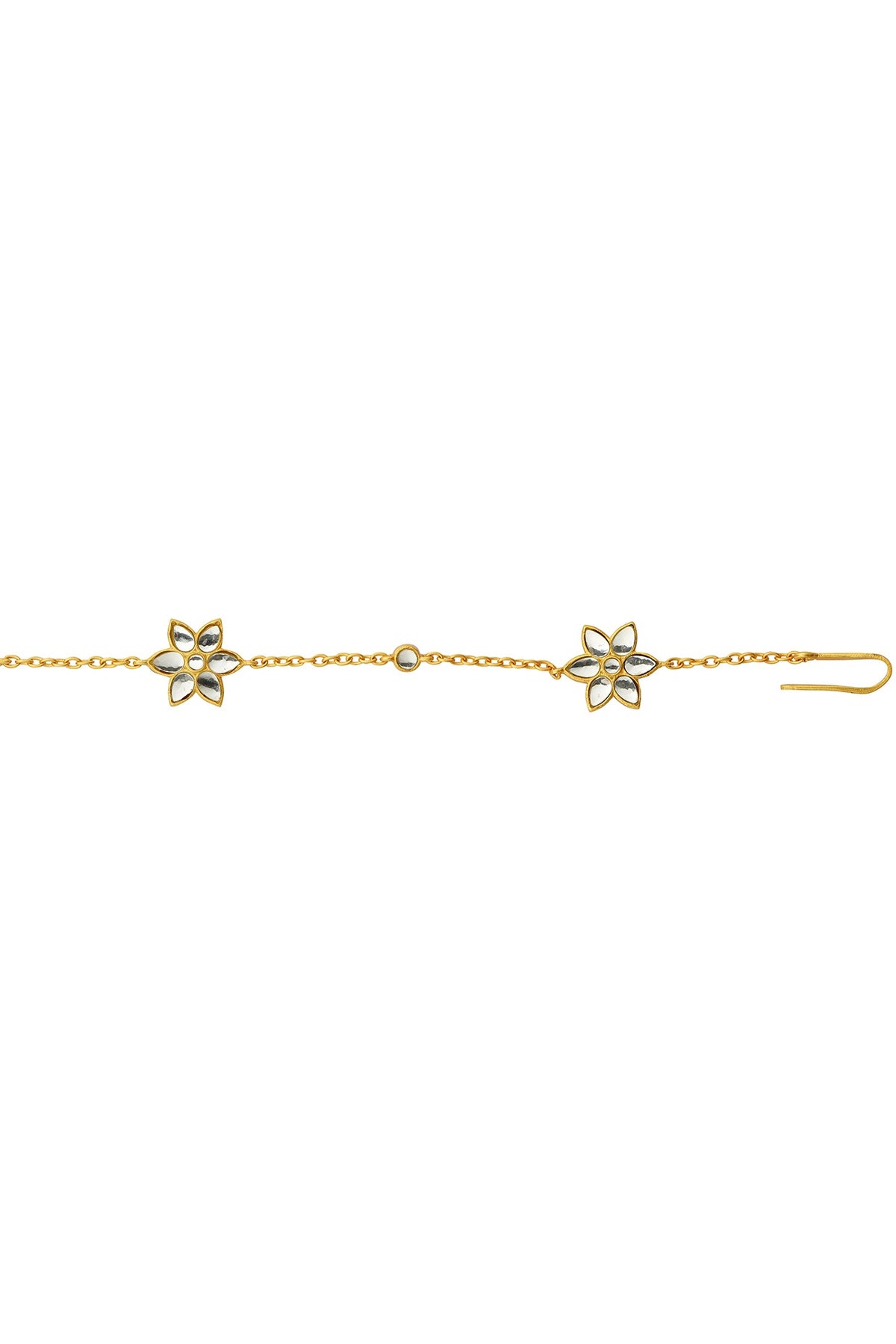 Gold Finish Mirror Polki & Freshwater Pearl Floral Mathapatti