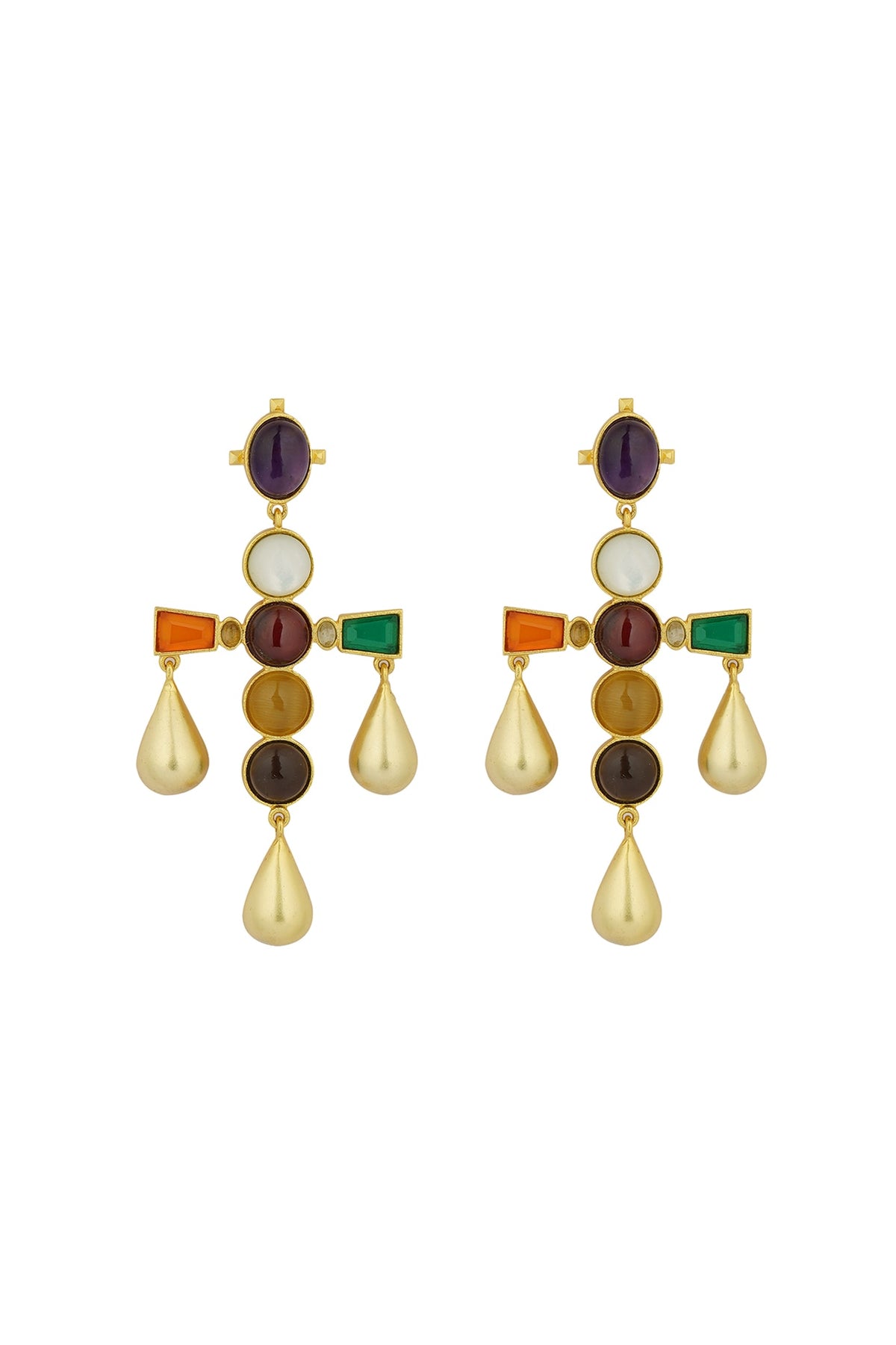 Gold Finish Navratna Stone Dangler Earrings
