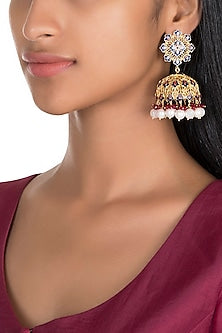 Gold Polish Enameled Pearl Jhumka Earrings